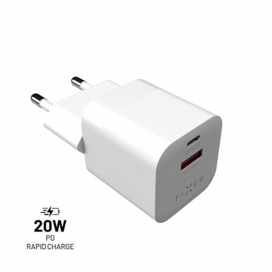 FIXED Síťová nabíječka FIXED Mini s USB-C a USB výstupem, podpora PD a QC 3.0, 20W, bílá