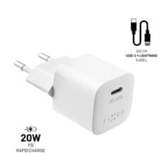 FIXED Set síťové nabíječky FIXED Mini s USB-C výstupem a USB-C/Lightning kabelu, podpora PD, 1 metr, MFI, 20W, bílý