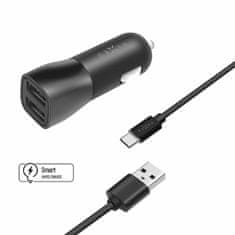 FIXED Set autonabíječky FIXED s 2xUSB výstupem a USB/USB-C kabelu, 1 metr, 15W Smart Rapid Charge, černá