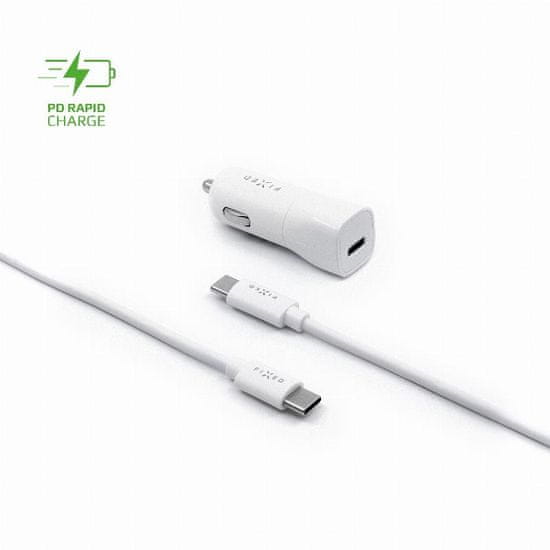 FIXED Set autonabíječky FIXED s USB-C výstupem a USB-C/USB-C kabelu, podpora PD, 1 metr, 18W, bílý