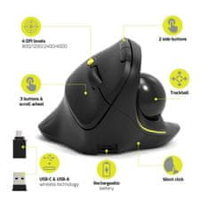 Port Designs PORT CONNECT ERGONOMIC TRACKBALL, bezdrátová ergonomická myš, 2,4 Ghz & Bluetooth, USB-A/C, černá