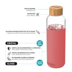 QUOKKA FLOW Skleněná láhev se silikonovým povrchem PINK Botanical, 660ml, 40006