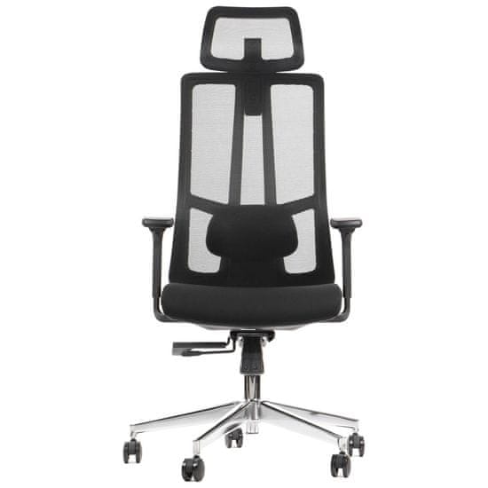 STEMA Otočná kancelářská židle AKCENT. Má chromovanou základnu a zdvih, nastavitelné područky, hlavovou a bederní opěrku. Nastavitelné sedadlo a opěradlo. Synchronní mechanismus. Černá barva.