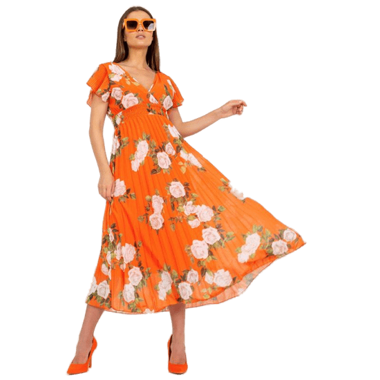 ITALY MODA Dámské šaty plisované květinové midi DANNI oranžové DHJ-SK-15722.67P_387938