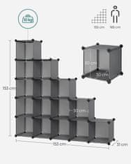 Songmics Organizér 15 boxů, plast, kov, šedá, 123 x 31 x 123 cm