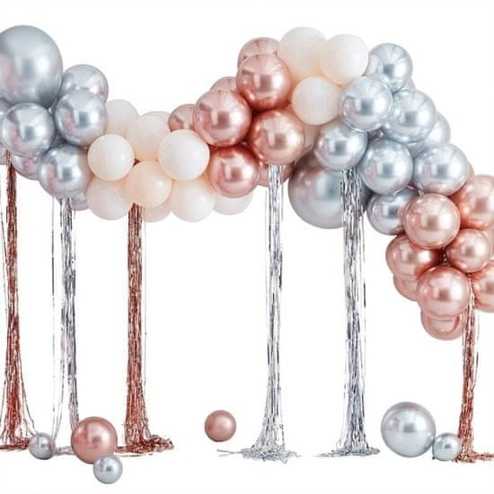 MojeParty SADA balónků na balónkový oblouk chrom/pastel s dekoračními střapcemi