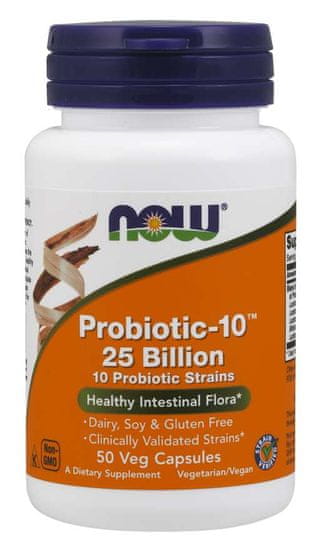 NOW Foods Probiotic-10, probiotika, 25 miliard CFU, 10 kmenů, 50 rostlinných kapslí