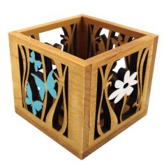 AMADEA Dřevěný svícen krychle s motivem motýlů a květu, barevný, masivní dřevo, 10x10x10 cm