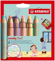 Pastelky STABILO woody 3in1, sada 6 ks v pouzdru s ořezávátkem