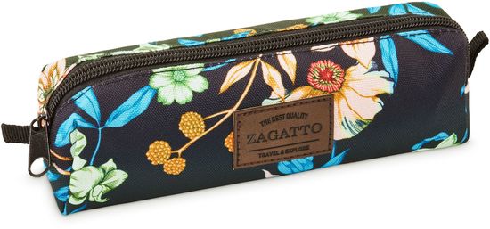 ZAGATTO Školní penál, unisex, tmavě modrý s květy, jedna přihrádka, zapínání na zip, logo z ekokůže, 21x10x5,2 cm, tubusový penál, ZG673