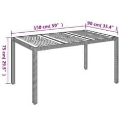 Vidaxl Zahradní stůl s dřevěnou deskou šedý 150 x 90 x 75 cm polyratan