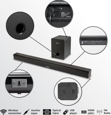  Bluetooth bezdrátový soundbar akai ASB-6WSW hdmi skvělý zvuk aux in vstup usb port optický vstup moderní design 