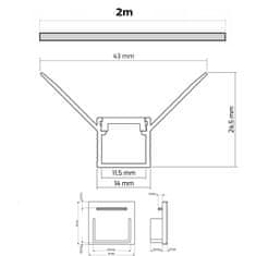 Design Light Sada Profil LED Hliníkovy Vestavný DEOLINE Typ W Mléčný 43x24.5mm 2m Hliník