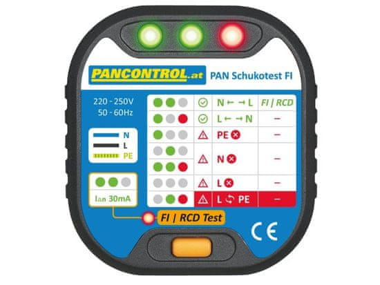 Pancontrol Tester síťových zásuvek 230V s testem FI 30 mA