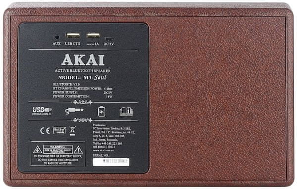  Bluetooth přenosný reproduktor akai m3soul aux in usb porty nabíjecí baterie pěkný zvuk 