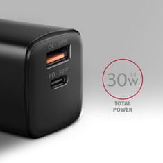 AXAGON ACU-PQ30, Sil nabíječka do sítě 30W, 2x port (USB-A + USB-C), PD3.0/PPS/QC4+/SFC/AFC/Apple