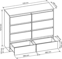 3E 3xE living.com Moderní komoda DEMII v jednoduchém stylu do ložnice, obývacího pokoje nebo dětského pokoje s 8 zásuvkami, bílá mat / bílý lesk, 120 cm