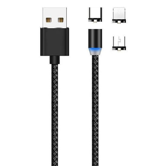 MG 3in1 magnetický USB kabel + plug adaptér Micro USB / USB-C / Lightning 1m, černý