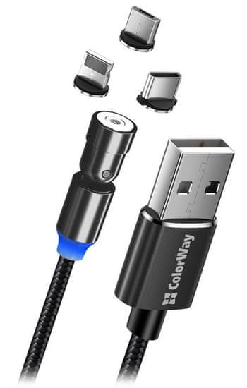 ColorWay Nabíjecí Kabel 3v1 Lightning+MicroUSB+USB-C/ Magnetic/ 2.4A/ Nylon/ Magnetic Rotation 540°/ 1m