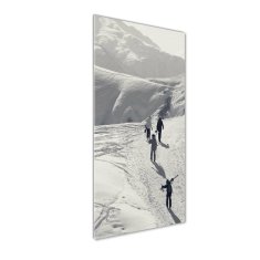 Wallmuralia Vertikální Foto obraz sklo tvrzené Lyžaři 50x125 cm 4 úchytky