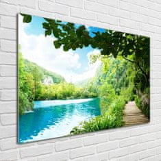 Wallmuralia Foto obraz skleněný horizontální Vodopád v lese 100x70 cm 2 úchytky