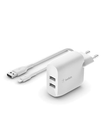 Belkin BOOST CHARGE Duální 24W USB-A nástěnná nabíječka + 1m lightning kabel, bílá