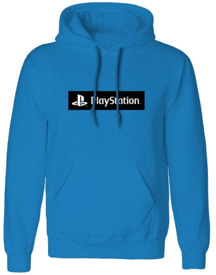 CurePink Pánská mikina s kapucí Playstation: Box Logo (S) modrá bavlna