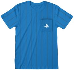 CurePink Pánské tričko Playstation: Striped Pocket Logo (S) modrá bavlna