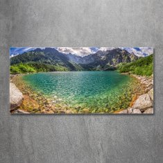 Wallmuralia Foto obraz fotografie na skle Jezero v horách 125x50 cm 2 úchytky