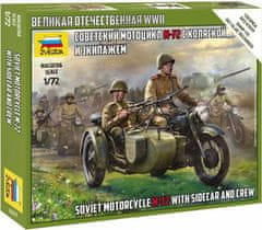 Zvezda motocykl M-72 s postranním vozíkem a posádkou, sovětská armáda, Wargames (WWII) figurky 6277, 1/72