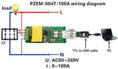 HADEX Měřič spotřeby PZEM-004T 80-260VAC 100A, pevná měřící cívka