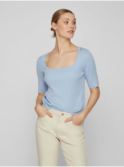 VILA Světle modré dámské žebrované tričko VILA Lana