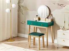 Beliani Toaletní stolek se 4 zásuvkami LED zrcadlem a stoličkou zelený/zlatý FEDRY