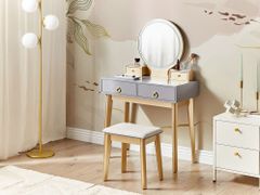 Beliani Toaletní stolek se 4 zásuvkami LED zrcadlem a stoličkou šedý/zlatý FEDRY