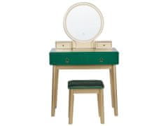 Beliani Toaletní stolek se 4 zásuvkami LED zrcadlem a stoličkou zelený/zlatý FEDRY