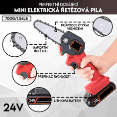 Vixson Elektrická řetězová pila, AKU pila, Elektrická ruční pila BRENCHIE (0,7kg, 33cm, 24V), balení obsahuje 2 baterie BRENCHIEBATTERY a 2 náhradní řetězy BRENCHIECHAIN | BRENCHIE