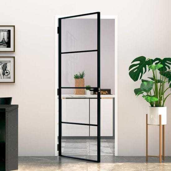 Greatstore Interiérové dveře černé 83x201,5 cm tvrzené sklo a hliník úzké