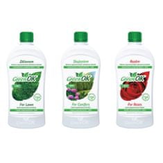 GreenOK GreenOK | Kapalné organominerální hnojivo. Koncentrát huminových látek + NPK | Sada 3 kusy: Pro Trávník 750ml, Pro Jehličnany 750ml, Pro Růže 750ml 