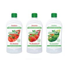 GreenOK GreenOK | Kapalné organominerální hnojivo. Koncentrát huminových látek + NPK | Sada 3 kusy: Pro Jahody 750ml, Pro Rajčata 750ml, Pro Okurky 750ml 