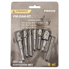 Powermat Sada adaptérů do vrtačky 1/2" 3/8" 1/4", 8ks, šestihran POWERMAT