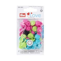 PRYM Plastové patentky "Color Snaps" kytičky, Prym Love, 13,6 mm, 21 ks, růžové/zelené/modré